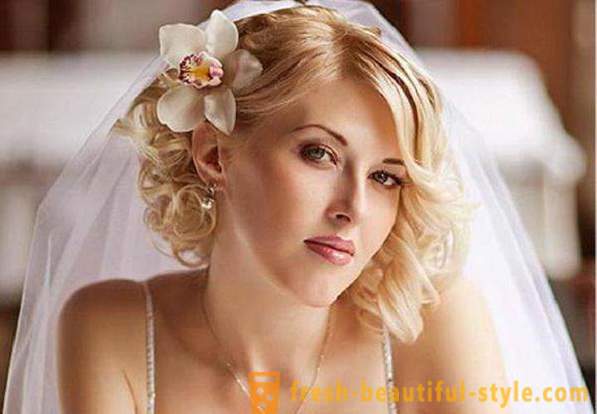 Acconciatura da sposa per capelli medio con un velo con le loro mani (foto)